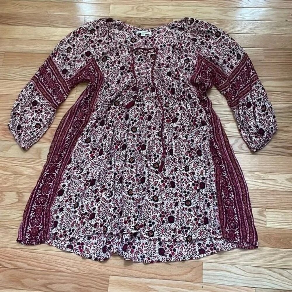 American Eagle Mini Dress Womens Large Red White Floral Print Boho Peasant Tunic